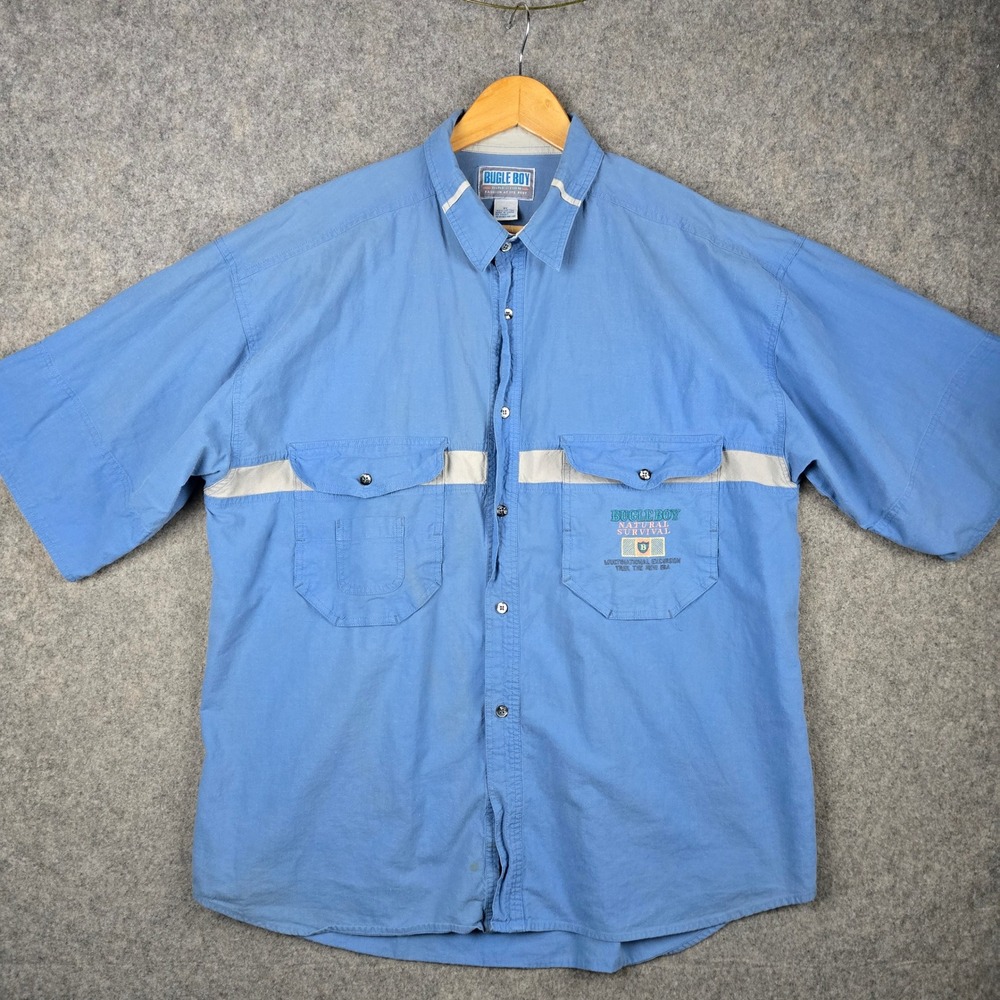 Vtg Bugle Boy Button Shirt‎ Mens XL Blue Safari Natural Survival Embroidered 90s